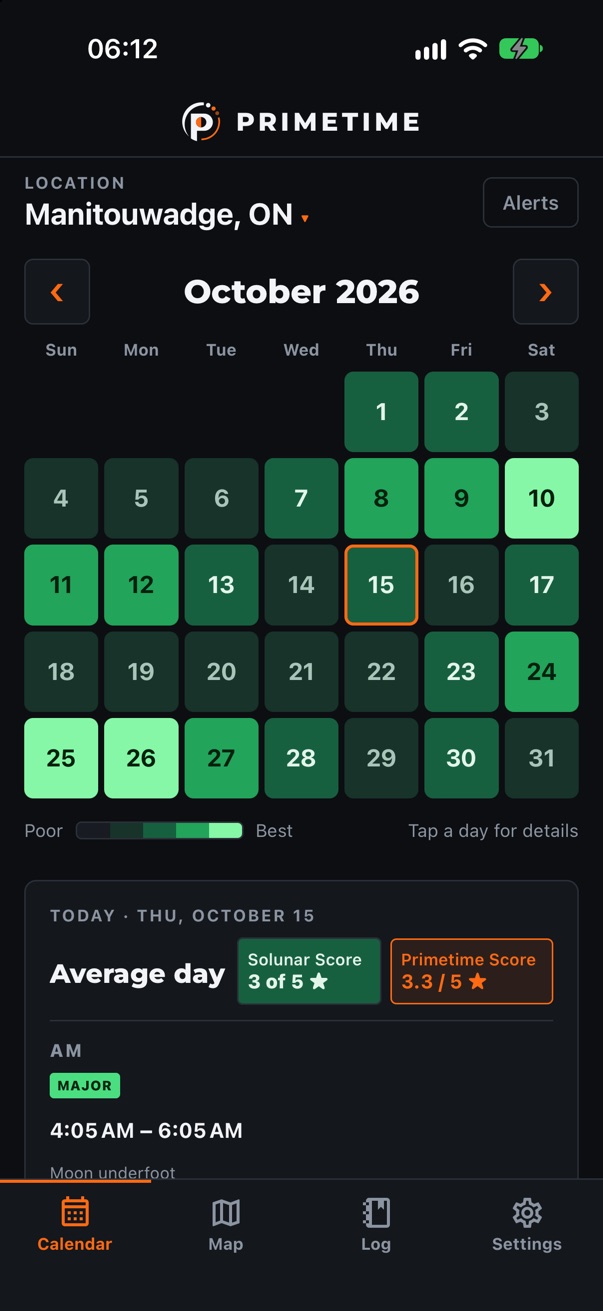 Primetime calendar for October near Manitouwadge, Ontario, with each day shaded by rating