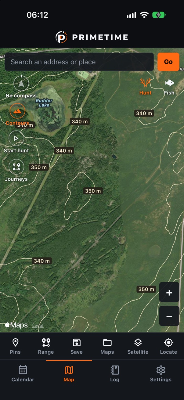 Satellite map with elevation contour lines labelled in metres