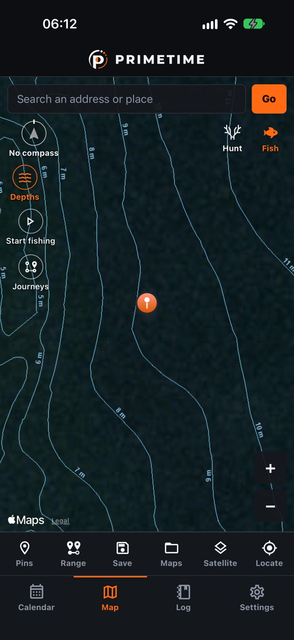 Fishing map with depth contours labelled from 5 to 11 metres