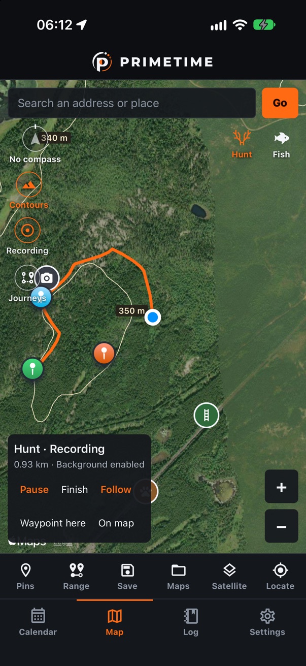 A recorded 0.93 kilometre hunt route with waypoints on a satellite map
