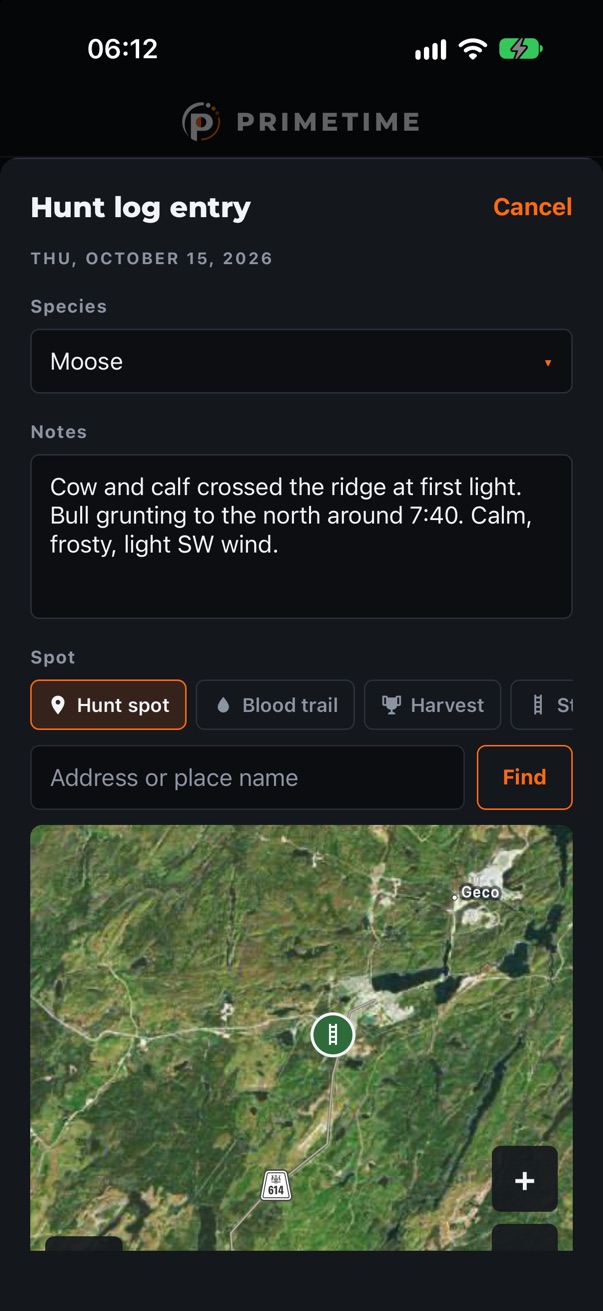 Hunt log entry for moose with notes about a cow and calf at first light and a stand marked on the map