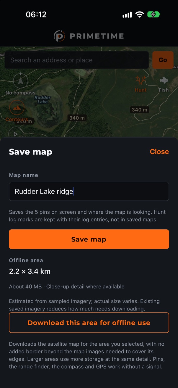 Save map sheet offering to download a 2.2 by 3.4 kilometre area for offline use