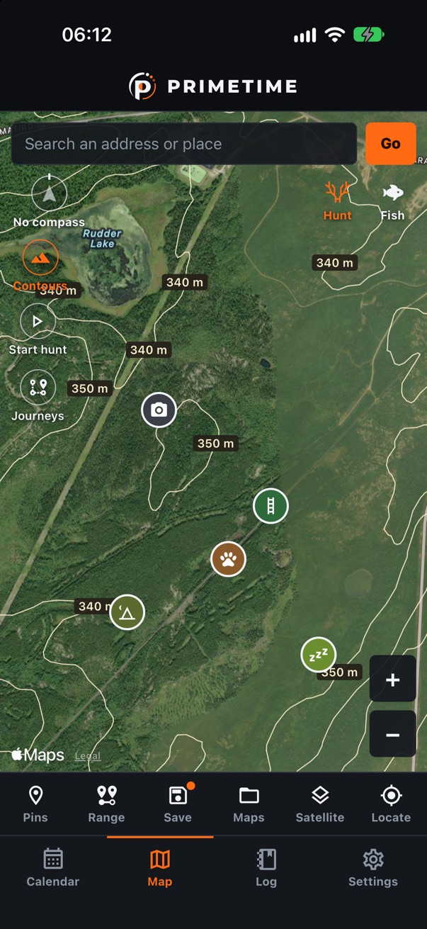Satellite map with pins for a stand, blind, trail camera, game trail and bedding area