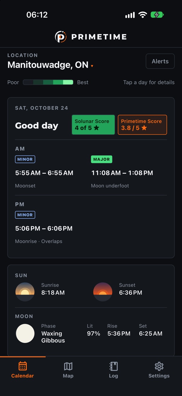 Day detail for October 24 with a Solunar score of 4 of 5 and a Primetime score of 3.8 of 5